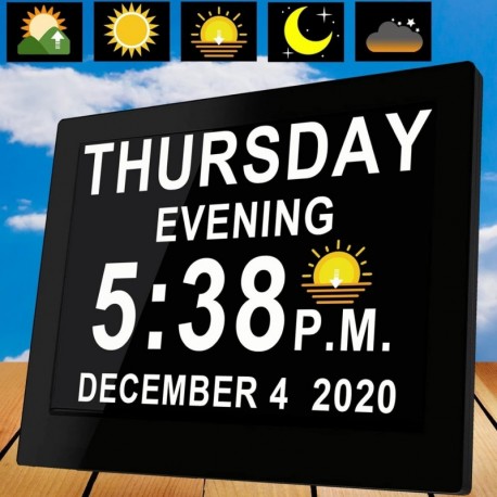 2023 Upgraded 19 Alarms Electronic Calendar Clock Day Date Clock, Non-Abbreviated Memory Loss Extra Large Day & Month Digital Clock, Auto Night Dimming (8” Black with Remote Control)