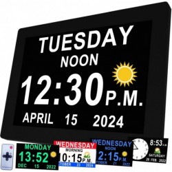 Digital Alarm Clock with 16 Alarms, Remote Control, 4 Text Colors, Day Date Calendar Clock, Memory Loss,Dementia,Alzheimer's Vision Impaired Clock 